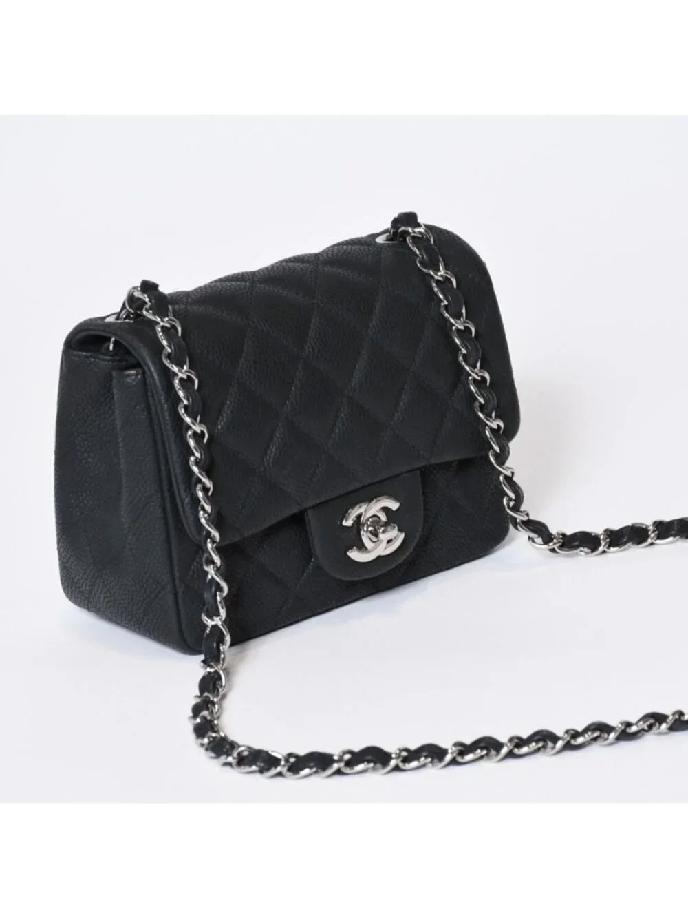 Chanel Mini Quilted 17 Chain Shoulder Bag CC Logo Caviar Leather Black